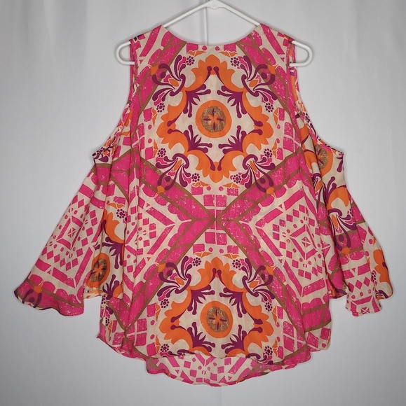 Chico's Tops - Chico's Cold Shoulder Top Large 2 Women Pink Chiffon Tile Print 3/4 Sleeve Flare